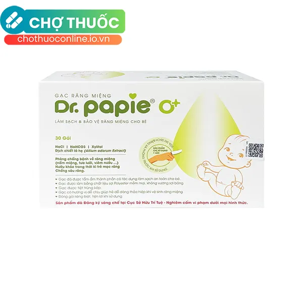 Gạc răng miệng Dr. Papie 0+ giúp sạch lưỡi, nướu, răng hộp 30 gói