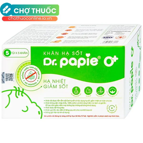 Khăn hạ sốt DR.Papie 0+ giảm nhiệt an toàn cho bé từ 0 tháng tuổi (5 túi x 5 khăn)