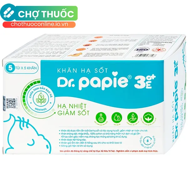 Khăn hạ sốt Dr.Papie 3mo+ hỗ trợ hạ nhiệt, giảm sốt an toàn cho bé (5 túi x 5 khăn)