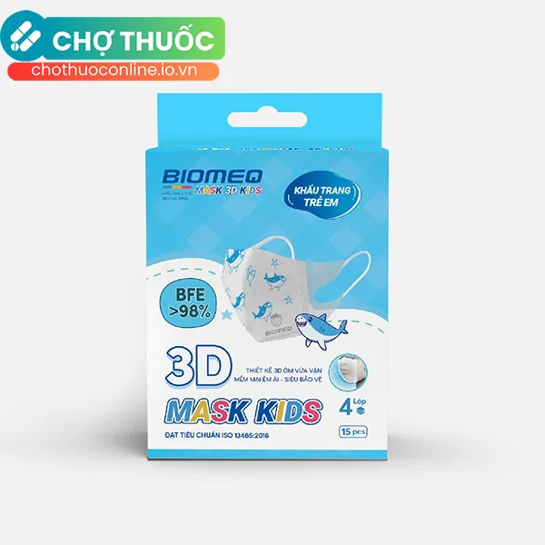 Khẩu trang 4 lớp 3D Biomed Baby ngăn giọt bắn, khí thải, bụi mịn an toàn cho bé (hộp 15 cái)