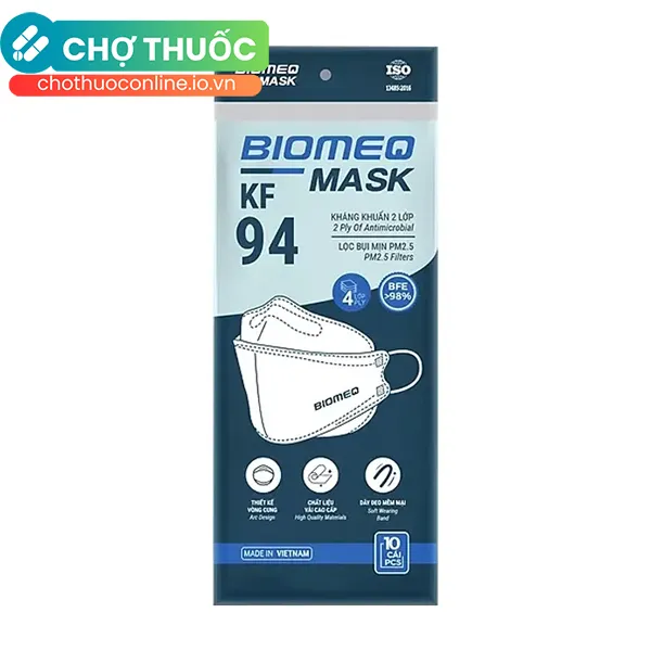 Khẩu trang KF94 Biomeq 4 lớp màu trắng bảo vệ đường hô hấp, tránh khói bụi (Hộp 10 cái)