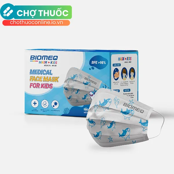 Khẩu trang y tế 4 lớp kháng khuẩn Biomeq Baby ngăn giọt bắn, khí thải, bụi mịn an toàn cho bé (hộp 50 cái)