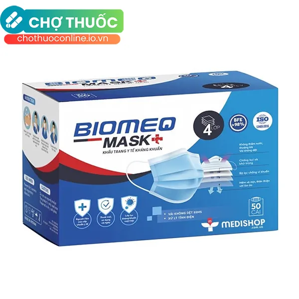 Khẩu trang y tế 4 lớp xám Biomeq ngăn ngừa vi khuẩn, bụi bẩn và các bệnh lây qua đường hô hấp (Hộp 50 cái)