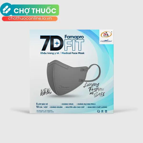 Khẩu trang y tế cao cấp kháng khuẩn 5 lớp Famapro 7D FIT (Hộp 10 cái)