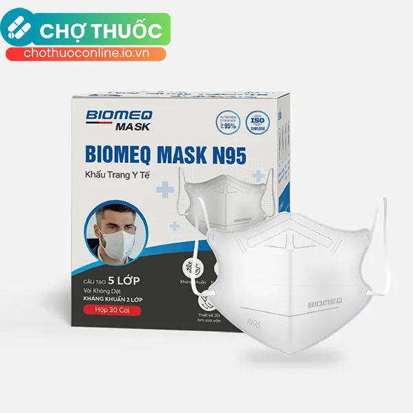 Khẩu trang y tế N95 Biomeq ngăn ngừa vi khuẩn, bụi bẩn và các bệnh lây qua đường hô hấp (Hộp 6 túi x 5 cái)