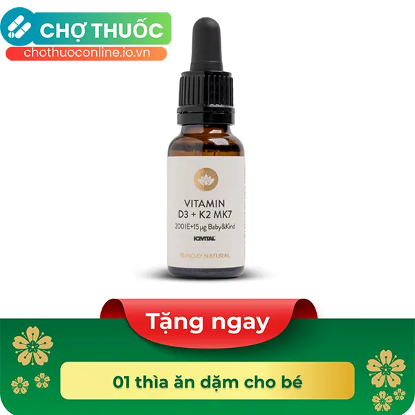 Thực phẩm bảo vệ sức khoẻ VITAMIN D3 + K2 MK7 200 IE + 15µg Baby&Kind - Sunday Natural