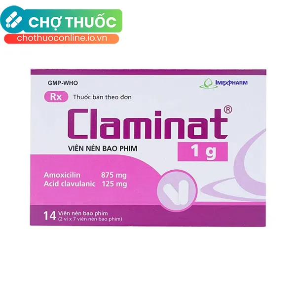 Thuốc Claminat 1g Imexpharm điều trị nhiễm khuẩn tai mũi họng (2 vỉ x 7 viên)