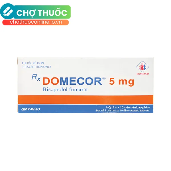 Thuốc Domecor 5mg Domesco điều trị tăng huyết áp, đau thắt ngực, suy tim mạn tính ổn định (3 vỉ x 10 viên)