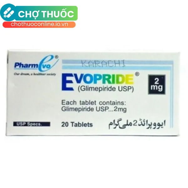 Thuốc Evopride 2mg kiểm soát đường huyết ở bệnh nhân đái tháo đường type 2 không phụ thuộc Insulin (2 vỉ x 10 viên)
