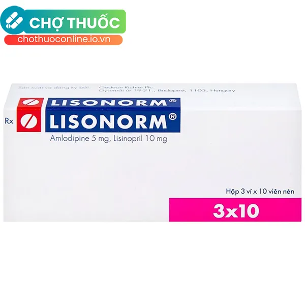 Thuốc Lisonorm 5mg/10mg điều trị tăng huyết áp vô căn (3 vỉ x 10 viên)