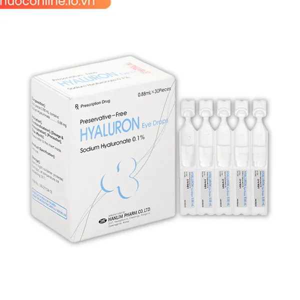 Thuốc nhỏ mắt Hyaluronate Natri 0.1% hỗ trợ điều trị bệnh tổn thương giác mạc và kết mạc (30 ống x 0,88ml)