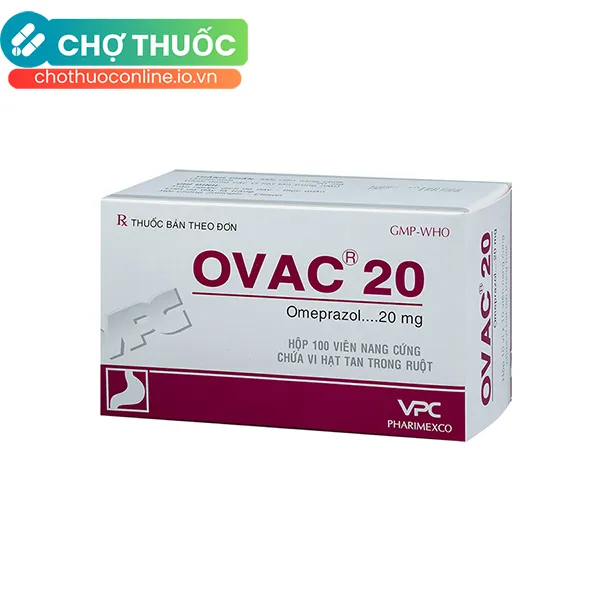 Thuốc Ovac 20mg Pharimexco điều trị và dự phòng tái phát loét dạ dày, tá tràng (10 vỉ x 10 viên)
